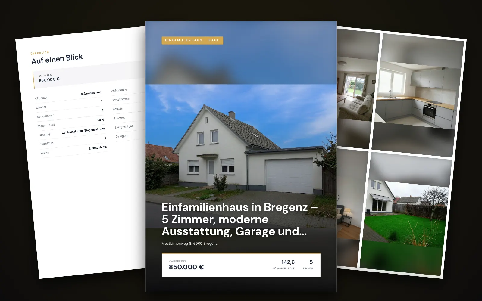 Exposé des Beispielobjekts in Bregenz: Titelseite mit Foto, Titel und Kaufpreis, dahinter zwei weitere Seiten